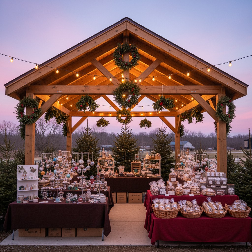 A festive outdoor market stand at dusk, surrounded by evergreen trees, featuring wooden beams adorned with wreaths and glo...